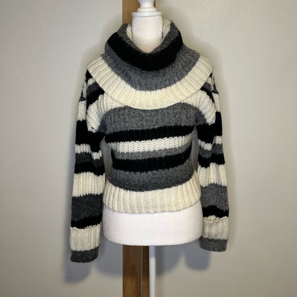 Anthropologie black, gray & cream striped knit turtleneck cropped sweater XS NWT - Picture 3 of 13